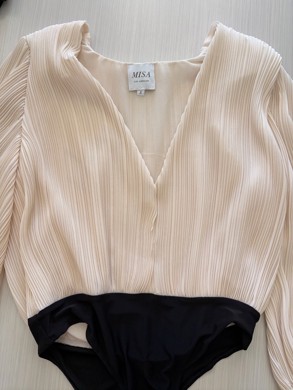 Misa Los Angeles Cream and Black Pleated Long-Sleeve Bodysuit